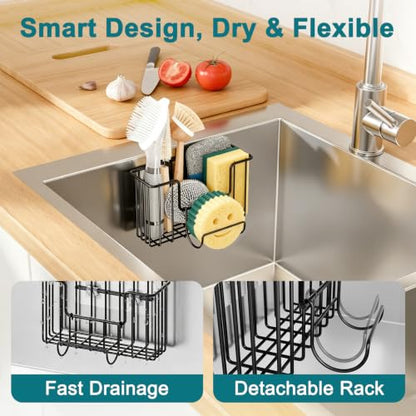 Black Sponge Holder for Kitchen Sink - Hanging Sink Organizer with Adhesive Hook