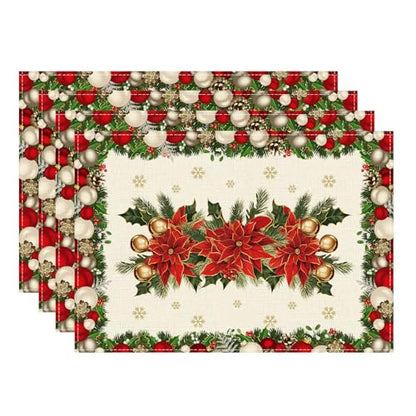 Christmas Poinsettias Leaves Bells Snowflakes Holiday Placemats Set of 4 12x18 Inch