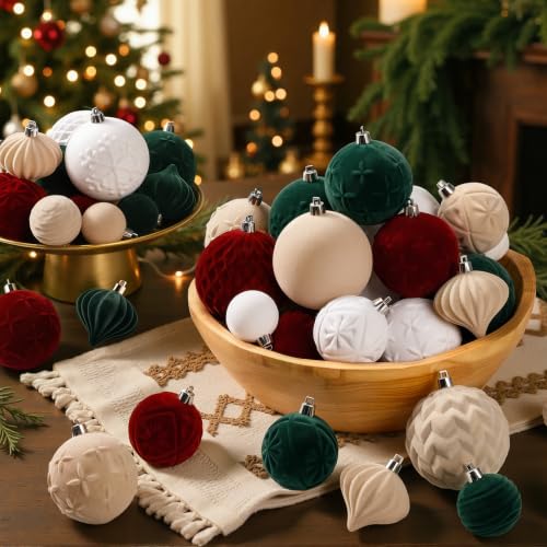 Velvet Christmas Tree Balls Ornament Set - Red, Green, White, Gold, 80pcs