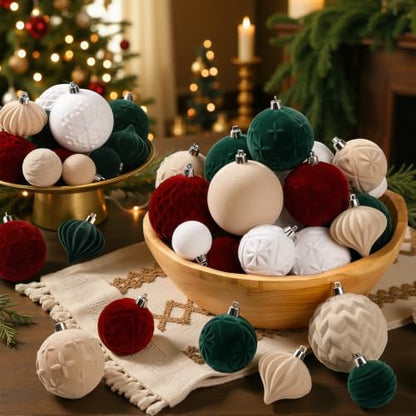 Velvet Christmas Tree Balls Ornament Set - Red, Green, White, Gold, 80pcs