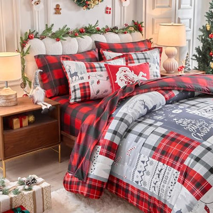 Christmas Gingham Bedding Set with Comforter Sheets Pillowcases Queen 7 Pieces - Red Gray Deer Snowflake