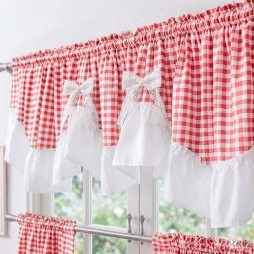 Red Gingham Ruffled Farmhouse Curtain Set - 3 Pieces, Valance 60x18 & Tiers 30x36, Variation of THIS listing
