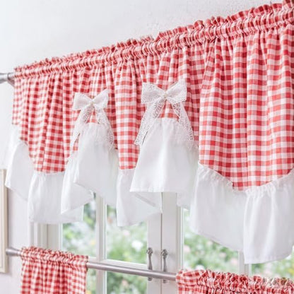 Red Gingham Ruffled Farmhouse Curtain Set - 3 Pieces, Valance 60x18 & Tiers 30x36, Variation of THIS listing