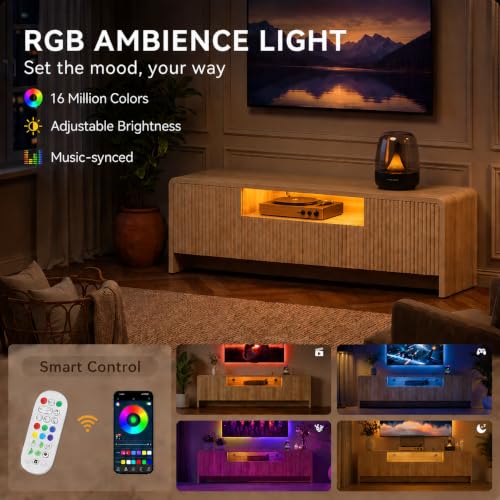 YESHOMY 70-Inch Fluted TV Stand for 55-75 Inch TVs, Oak Finish, Modern Media Console with RGB Lighting and Charging Station