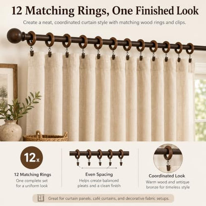 Wood Curtain Rings with Clips - 1.77" Inner Diameter, Walnut Finish, Set of 12