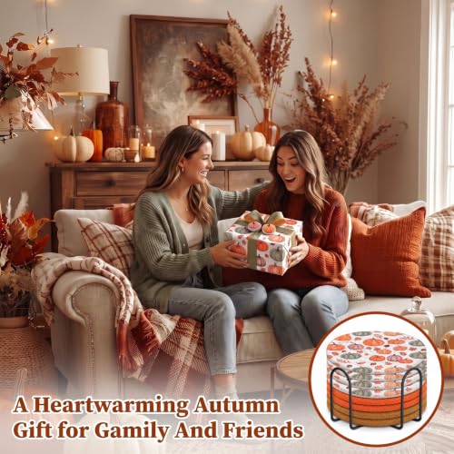 Fall Pumpkin Coaster Set with Metal Holder - 8 Woven Cotton Drink Coasters, Autumn Decor