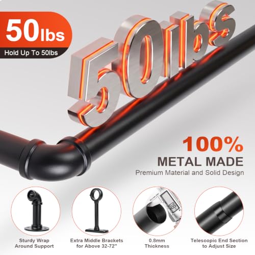 Adjustable Industrial Curtain Rod Black 30-86 Inch Wrap Around Wall Mount