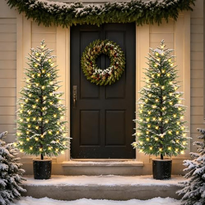 2-Pack 5FT Prelit Norfolk Pine Christmas Trees with LED Lights, Real Touch Foliage, Potted Faux Trees for Indoor Outdoor Decor