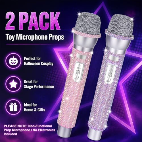 Rose Gold Rhinestone Microphone Prop, Sparkly Bling Fake Microphone for Performers