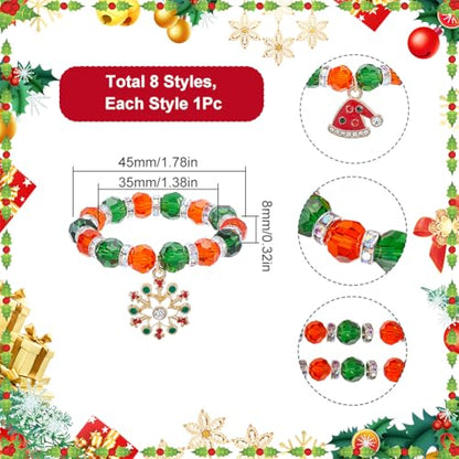Christmas Beaded Napkin Rings Set - Red & Green Snowman Bell Charms, 8 Pieces - Holiday Table Decor