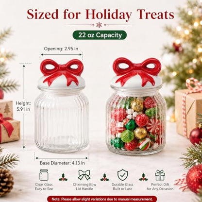 Red Bow Christmas Glass Jar Set with Lids - Holiday Canister Storage