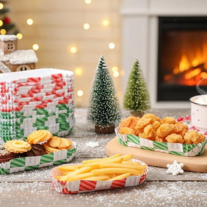 Green Red Checkered 6 Inch Paper Hot Dog Trays, 300 Pcs - Disposable Food Serving Trays