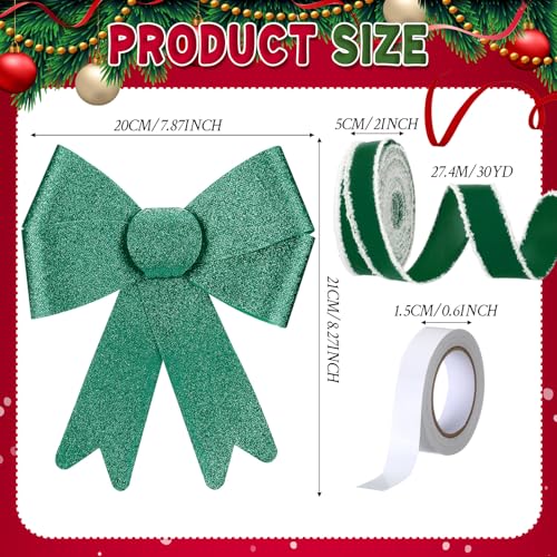 Green Christmas Cabinet Bow Set with Velvet Ribbon - 16 Pre-Tied Bows & Decor