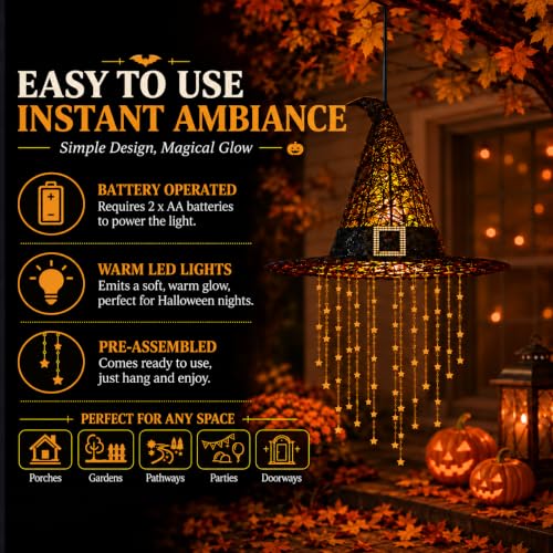 Halloween Hanging Witch Hat with Lights - Black 1PC with Cascading Star Tassels