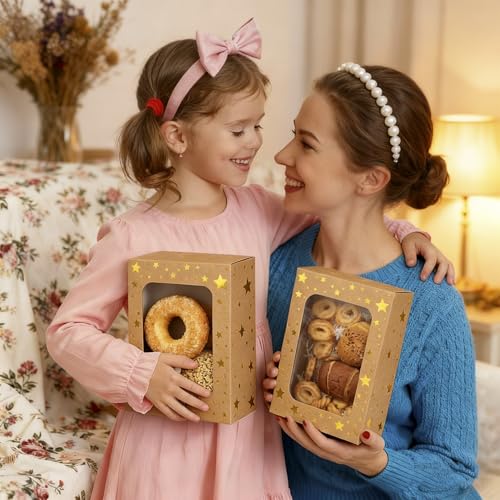 Christmas Brown Holiday Cookie Boxes with Gold Star & Viewing Window - 24 Pack, 9x6x3 Inches