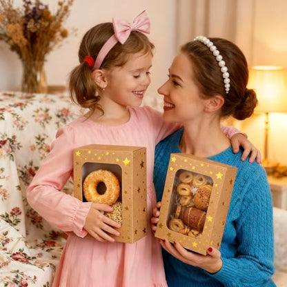 Christmas Brown Holiday Cookie Boxes with Gold Star & Viewing Window - 24 Pack, 9x6x3 Inches