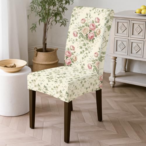 Cream Rose Chair Cover for Dining Chairs Vintage Floral Spring Washable Slipcover 1PCS