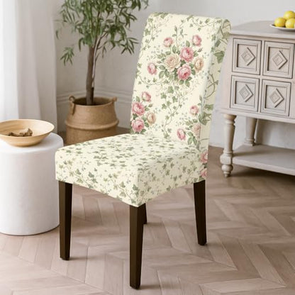 Cream Rose Chair Cover for Dining Chairs Vintage Floral Spring Washable Slipcover 1PCS