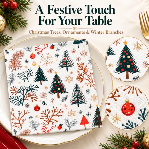 Christmas Paper Napkins Set - Multicolor Square Design, 50 Count, 6.5 x 6.5 Inches