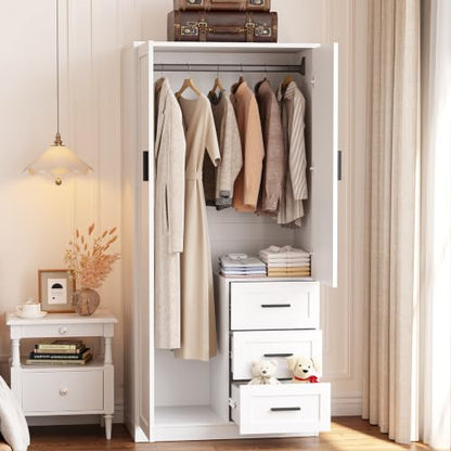 White Wardrobe Closet with Doors, 3 Drawers & Hanging Rod - Armoire 66.5'' H x 31.5'' W x 18.1'' D