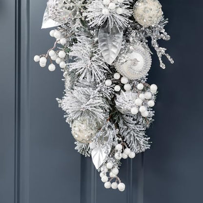 Silver White Christmas Teardrop Swag - 30 Inch Frosted Berry Garland for Indoor Holiday Decor
