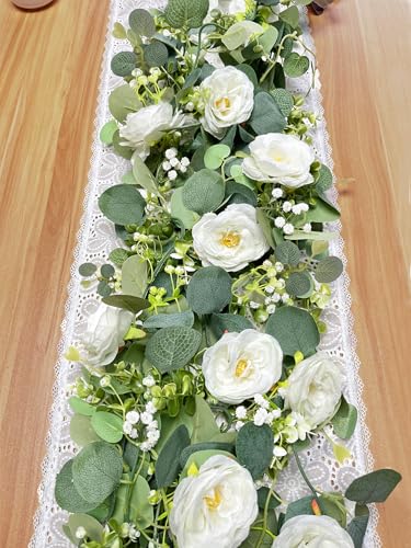Artificial Eucalyptus Garland with White Roses 6Ft - 4 Pack