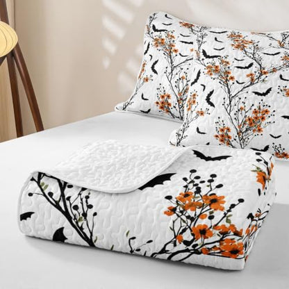 Castle Fairy Halloween Branch Quilt Set Full Size - White Black Orange - Kids Bedroom Decor