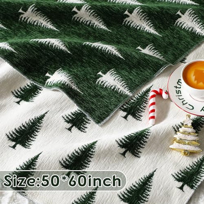 Green Christmas Tree Chenille Throw Blanket 50x60 - Reversible Holiday Decor