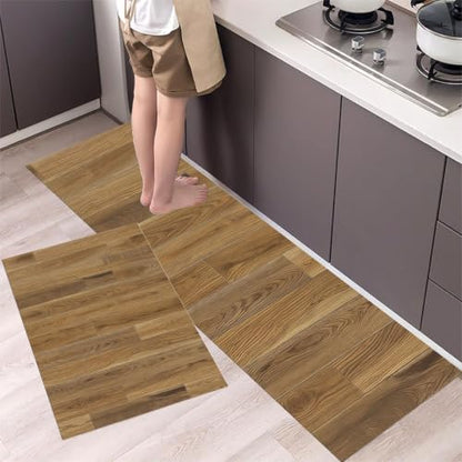 Wood Grain Kitchen Rugs Non Slip 2-Piece Set Brown Washable Mat Runner, 20x32 & 20x71 Variation of Brown/Wood Grain