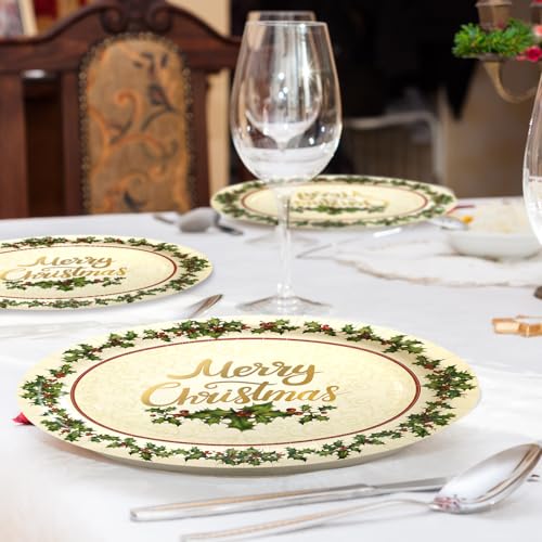 30Pcs Christmas Holly Paper Disposable Oval Plates 10x12 Inch Holiday Party Supplies