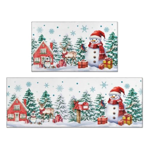 White Green Christmas Kitchen Rugs Set 17x47 & 17x30 Inches Snowman Tree Decor