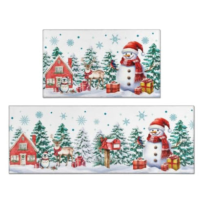 White Green Christmas Kitchen Rugs Set 17x47 & 17x30 Inches Snowman Tree Decor