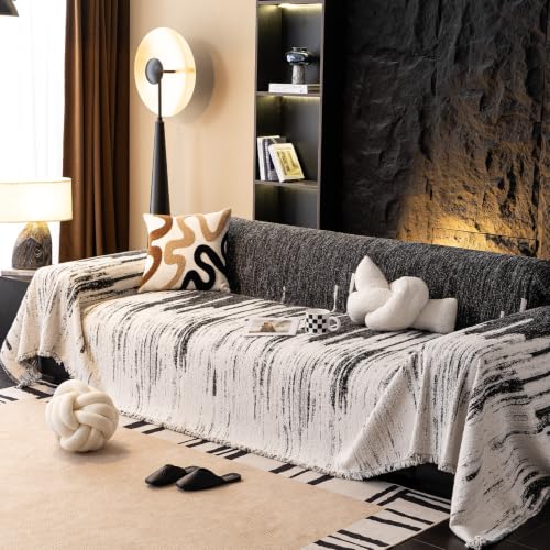 Boho Chenille Sofa Cover 71x134 Inches Washable for Pet Protection - Grey Black