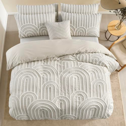 Beige Queen Cotton Linen Texture Boho Duvet Cover Set with Embroidery