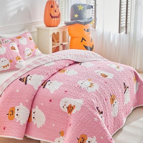 Halloween Ghost Quilt Set Queen - Pink & White Bedspread Coverlet 3-Piece