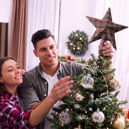 7.9 Inch Christmas Green Red Tartan Plaid Star Tree Topper - Rustic Holiday Decor