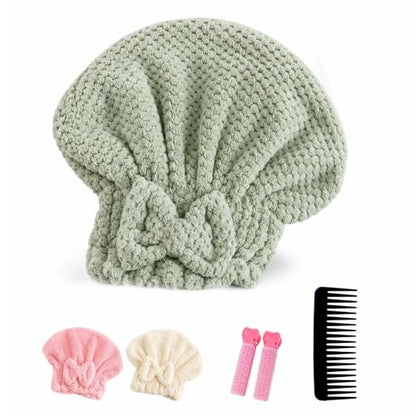 Hair Care Set with 3 Coral Fleece Hair Caps, Detangling Comb & Hair Clips