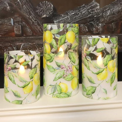 Lemon Glass Flameless Candles with Remote & Timer - Lemon Tree Variation - Battery Operated LED Flicker Pillar Candles for Home Decor, Kitchen, Holiday