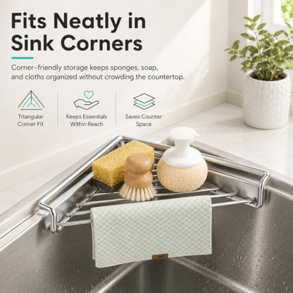 Stainless Steel Corner Sink Shelf - Triangular Drying Rack for Kitchen, Space-Saving Organizer with Drainage & Raised Sides - Variation 2