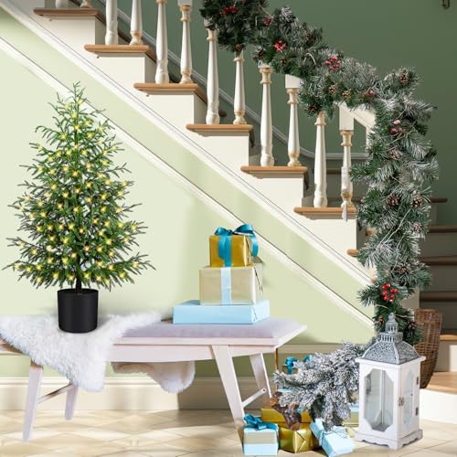 2-Pack 4FT Prelit Norfolk Pine Christmas Trees with LED Lights - Real Touch Artificial Cedar for Indoor Outdoor Decor