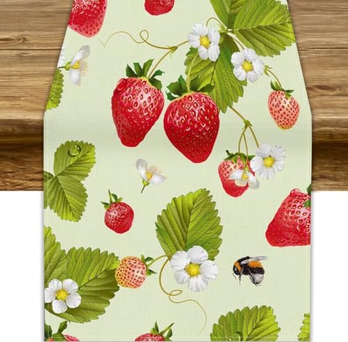 Spring Summer Strawberry Table Runner 13x36in - Rustic Fruit & Flower Print