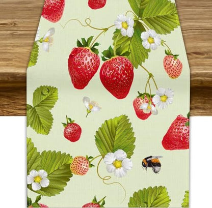 Spring Summer Strawberry Table Runner 13x36in - Rustic Fruit & Flower Print