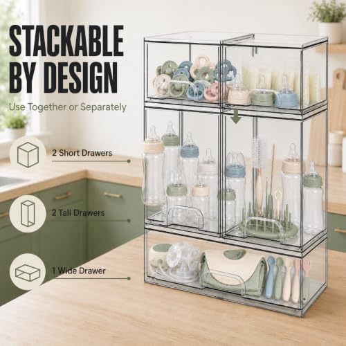 Baby Bottle Organizer 3-Tier Acrylic Storage Drawer Set - 5 Pack