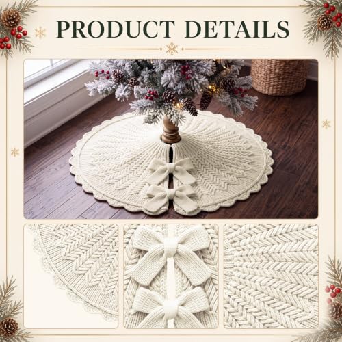 Small Knitted Christmas Tree Skirt - 18 Inch Vintage Farmhouse White