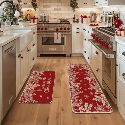 Christmas Holly Pine Branch Kitchen Mats Set of 2 - 24x35 & 24x59 Inches, Red Variation