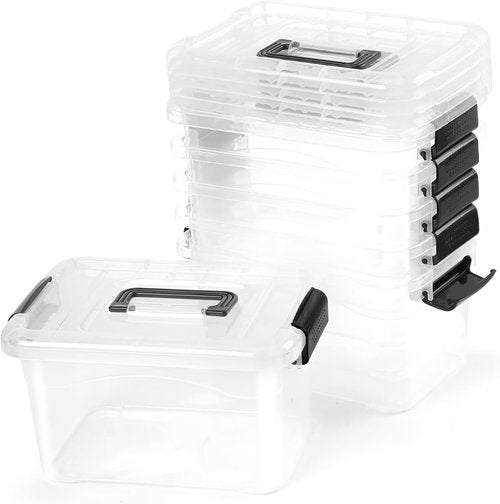 EOENVIVS Plastic Storage Bins - Stackable 7 Quart Organizer with Black Buckle Lids | 6 Pack Clear Bins for Home & Office