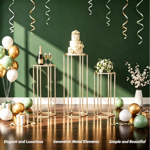 Gold Hexagon Pedestal Stands 3 Sizes for Party Decor, Cake & Centerpieces
