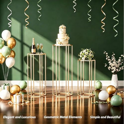 Gold Hexagon Pedestal Stands 3 Sizes for Party Decor, Cake & Centerpieces