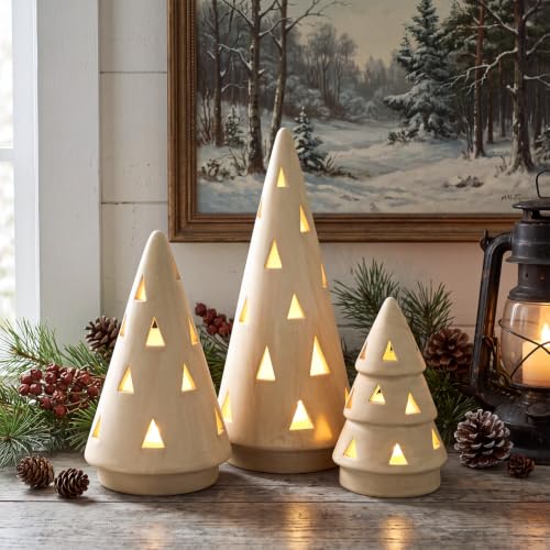 3 Pcs Terracotta Christmas Tree Figurines with LED String Lights - 5.12, 6.69, 9.45 Inches - Rustic Holiday Decor