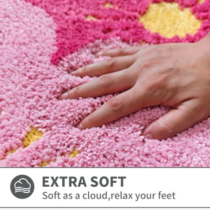 Pink Cute Flower Bath Rug 20x32 Inch Non-Slip Absorbent Bathroom Mat - Cherry Variation